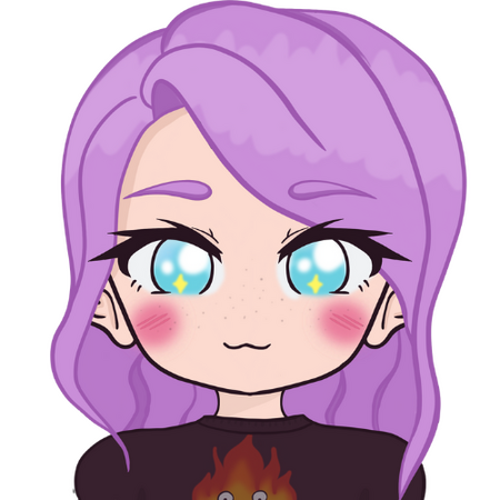 an emote of lemmy with purple hair, blue grey eyes and blushing, wearing a calicifer shirt